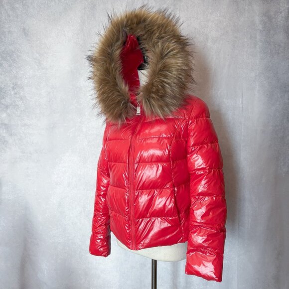 ZIAI Wet Look Red Puffer Hooded Jacket Coat Detachable Faux Fur Trim Size M - Picture 2 of 16